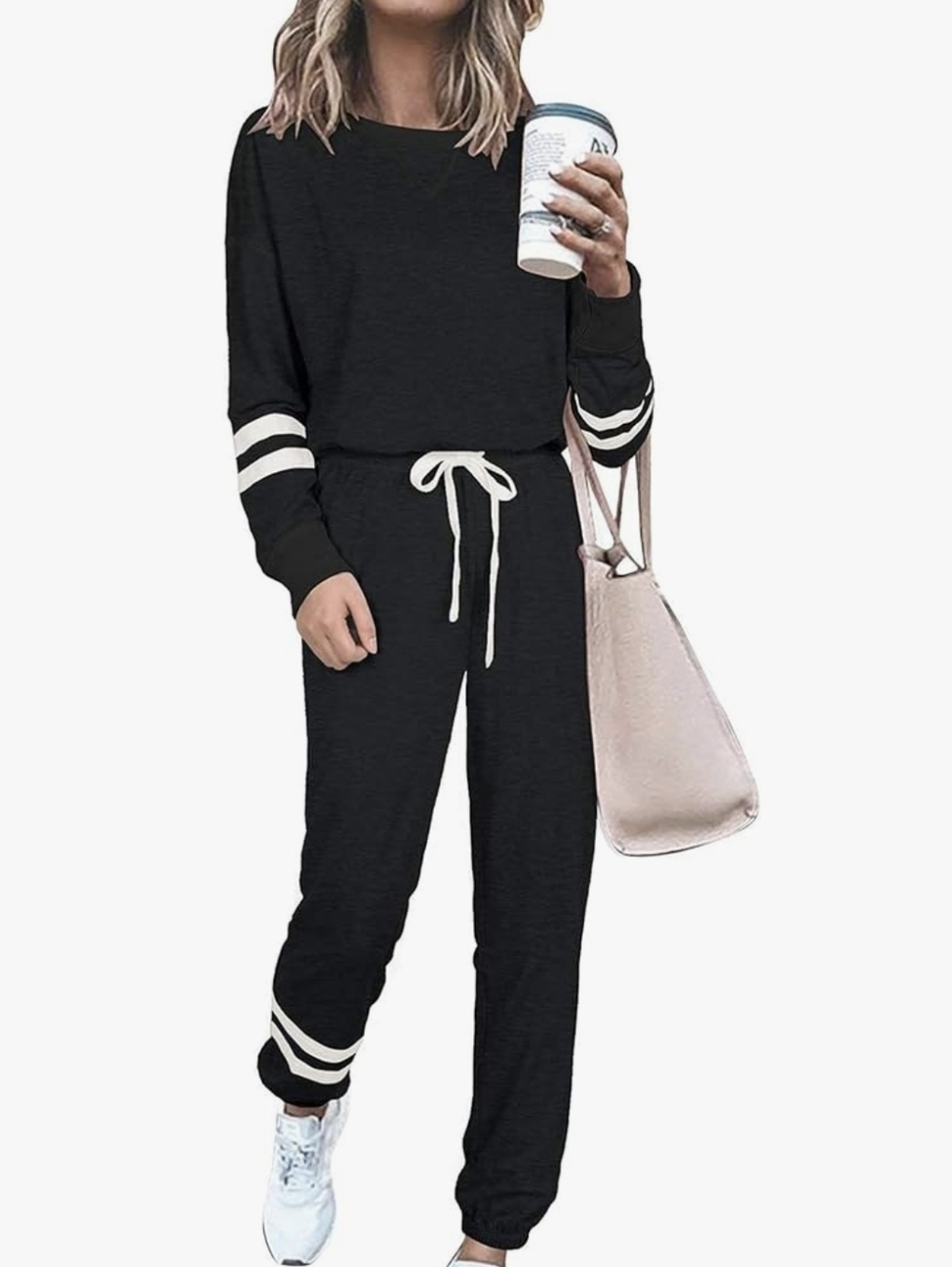 Women’s Black 2-Pc Sweatshirt & Drawstring Jogger Set with White Stripe Detail
